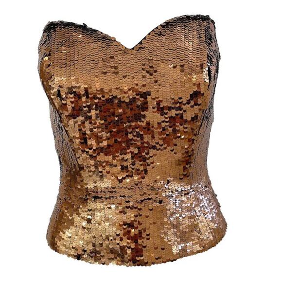 1990s OLEG CASSINI Gold/Bronze fully sequins strapless silk bustier top (L) - Picture 1 of 11
